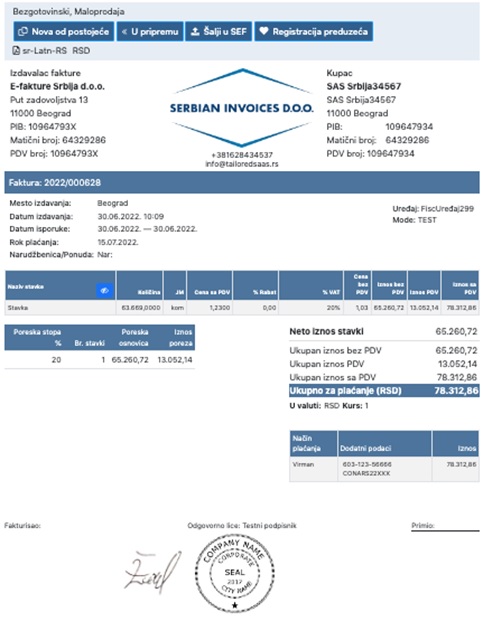 Srpska elektronska faktura primer stvoren u e-Invoices Online demo verzija e-faktura.